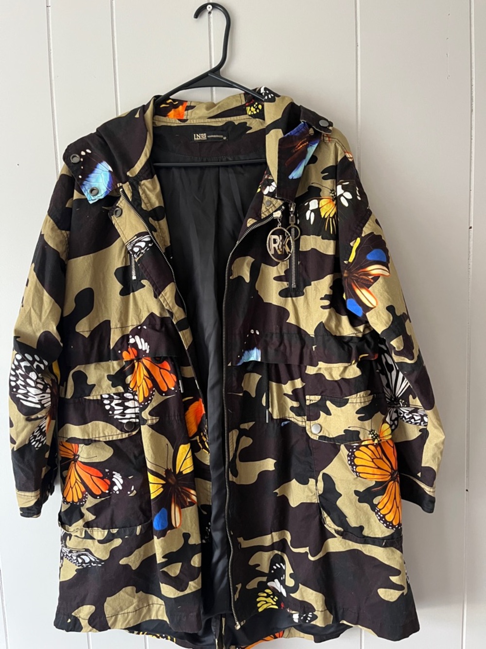 River Island Olive Camo Butterfly Parka Jacket with Orange & Blue Accents